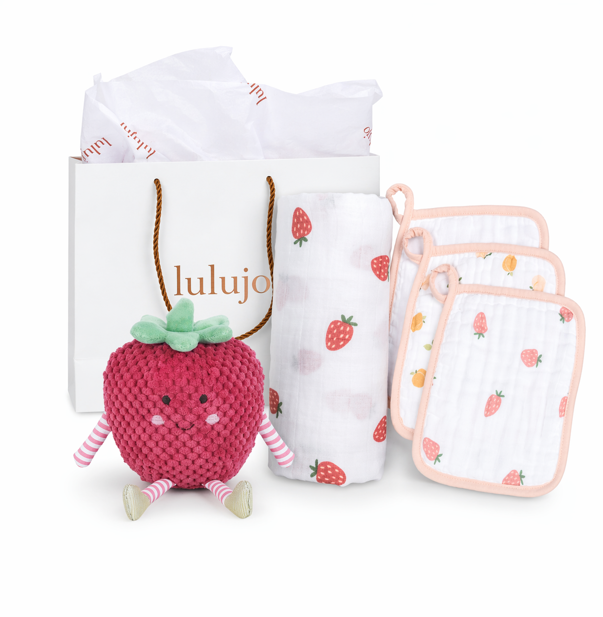 Lulujo strawberry plush toy, baby bibs, and pot holders