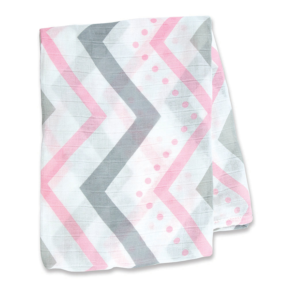 Baby blanket with pink and gray chevron pattern