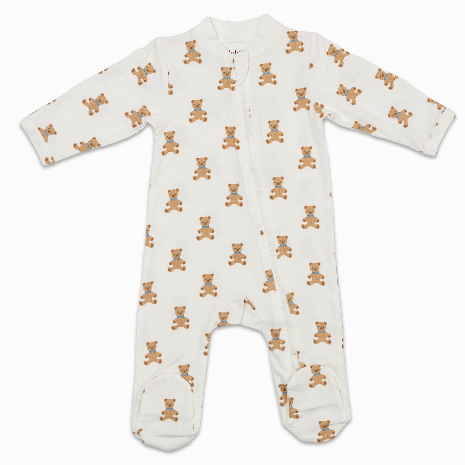 Baby onesie with teddy bear pattern on a white background