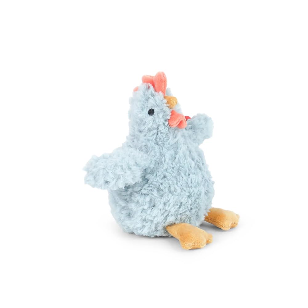 Plush toy chicken with a light blue body and orange accents