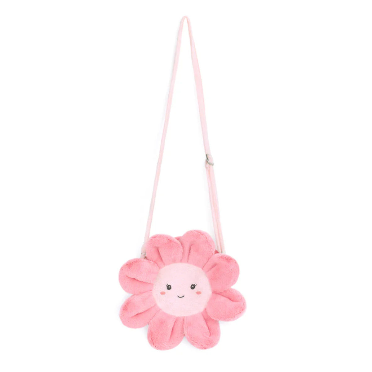 Pink flower-shaped bag with a smiling face