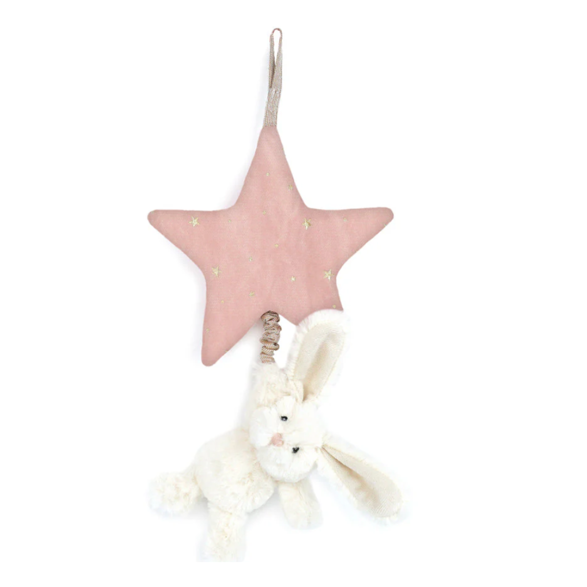 Pink star-shaped hanging mobile with a white bunny toy 