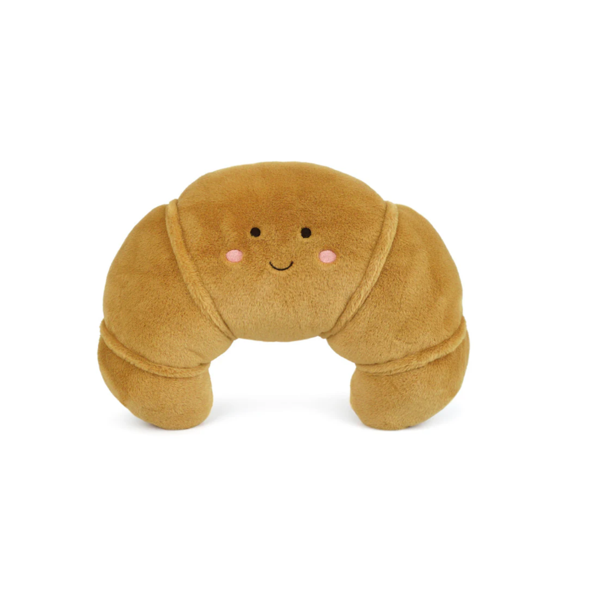 Plush croissant-shaped pillow with a smiling face 