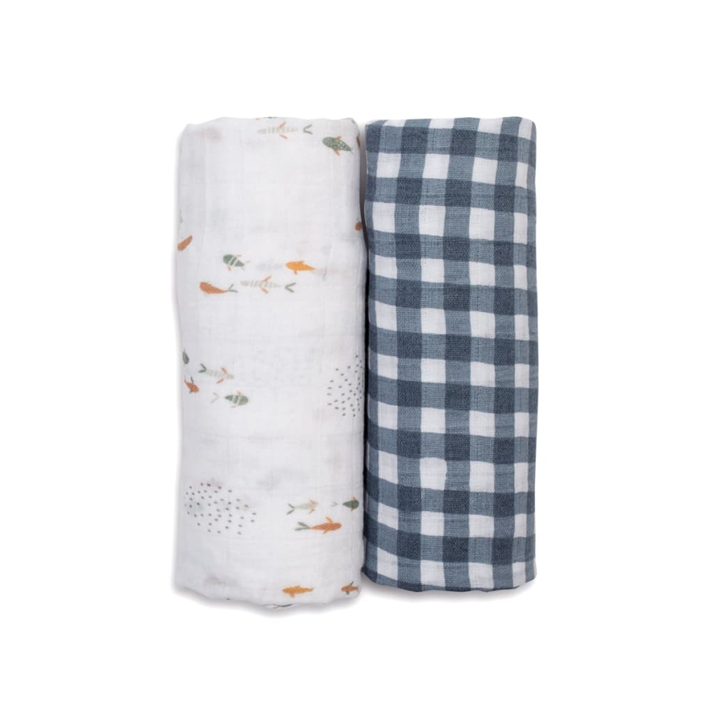Cotton Swaddle 2 Pack - Navy Gingham & Fish