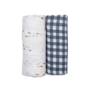 Cotton Swaddle 2 Pack - Navy Gingham & Fish