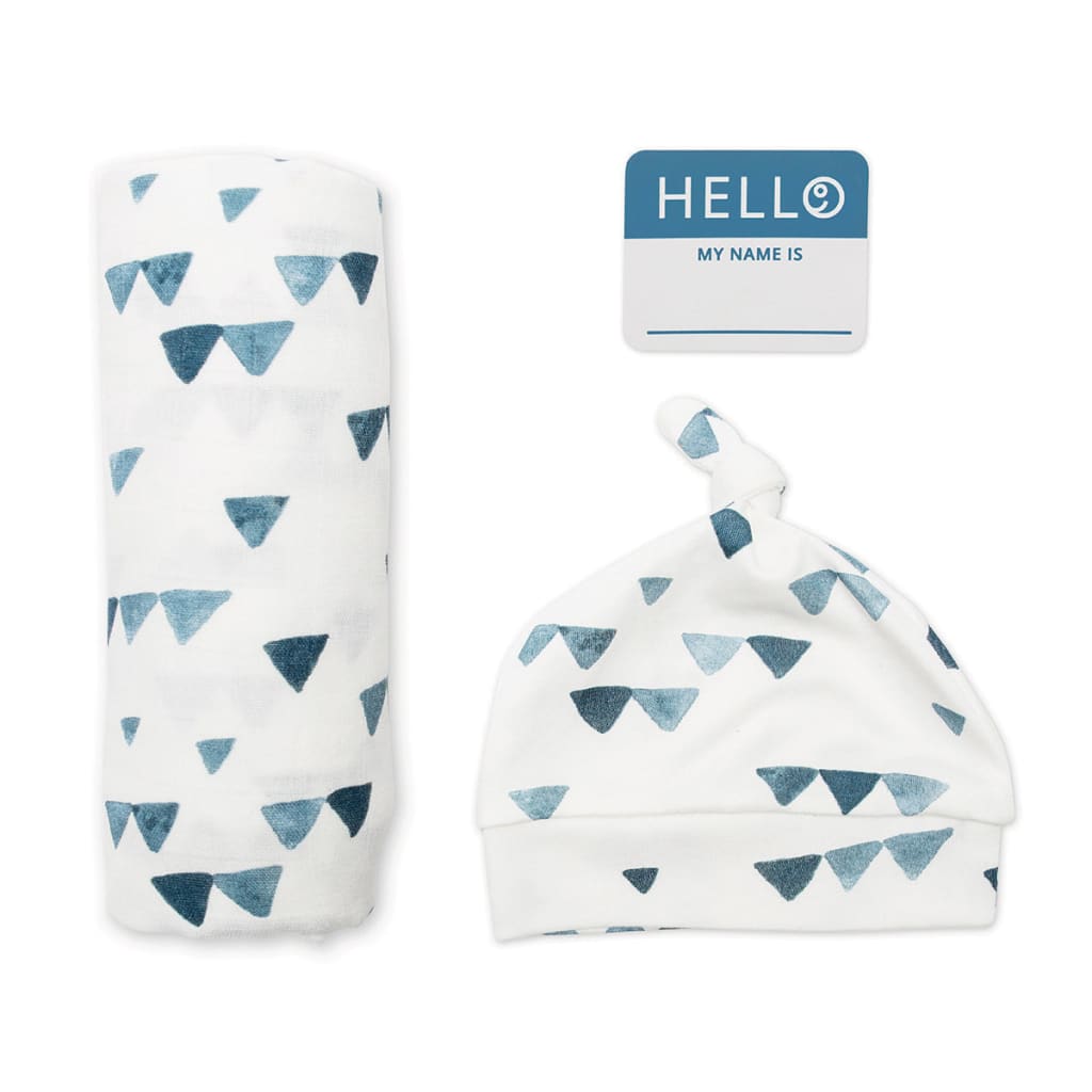 Matching Swaddle & Hat Set - Navy Triangles